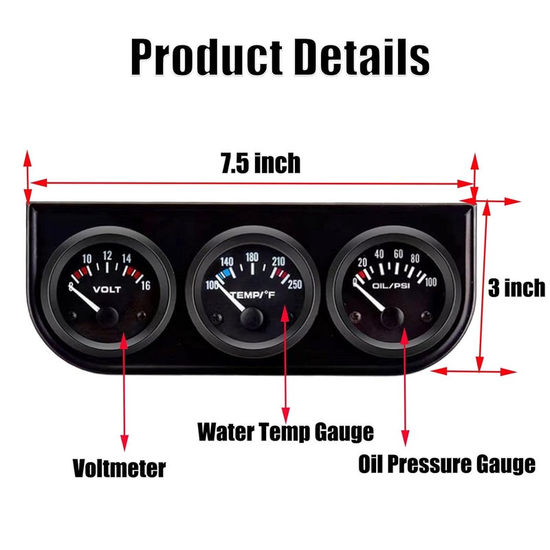 BLLYOGU 52mm 3-in-1 Car Gauge Kit - Voltage Meter, Water Temperature, and Oil Pressure Gauges - Auto Dashboard Triple Gauge Set for 12V Cars(Black) - Image 2